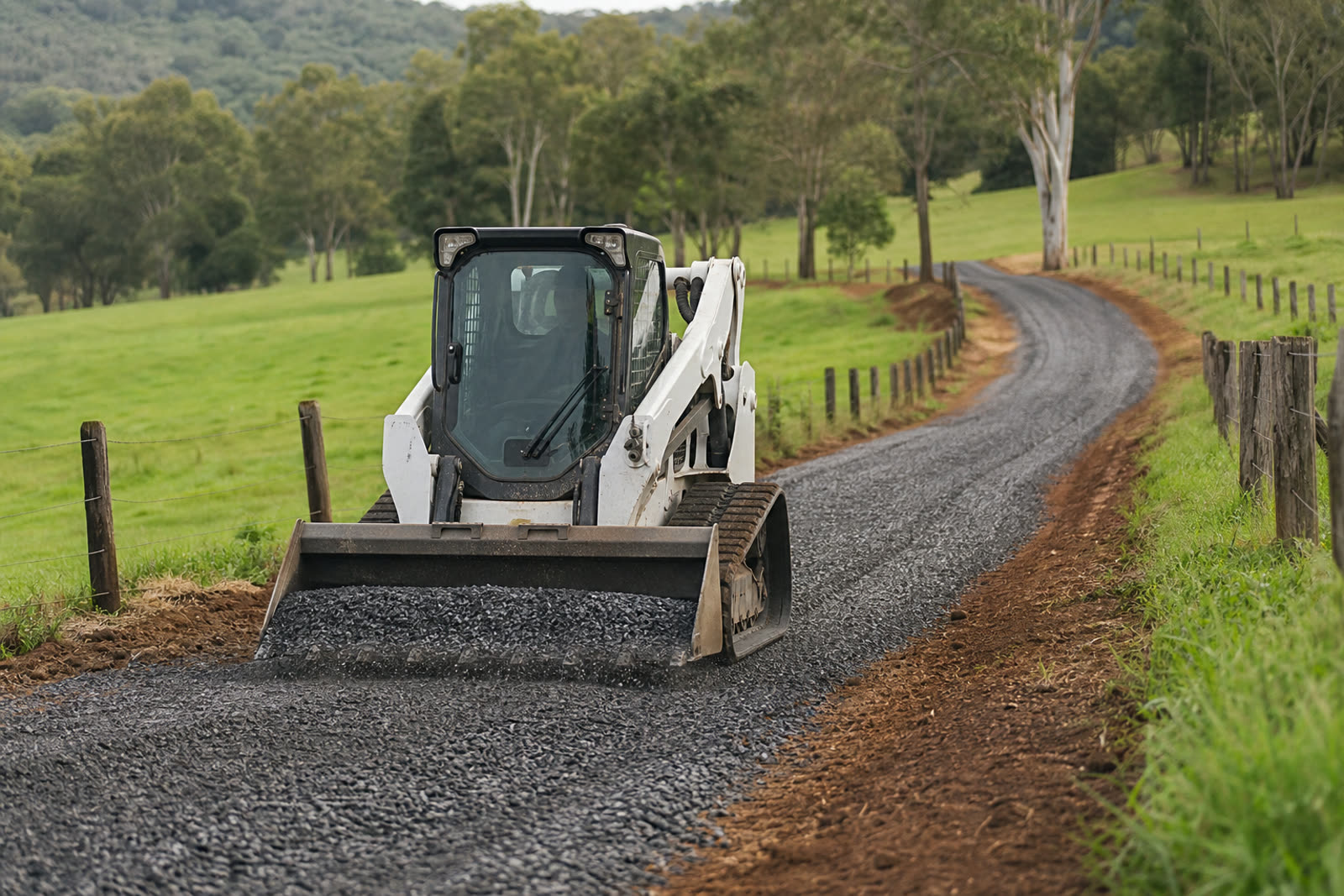 Tracked loader spreading gravel on a rural driveway